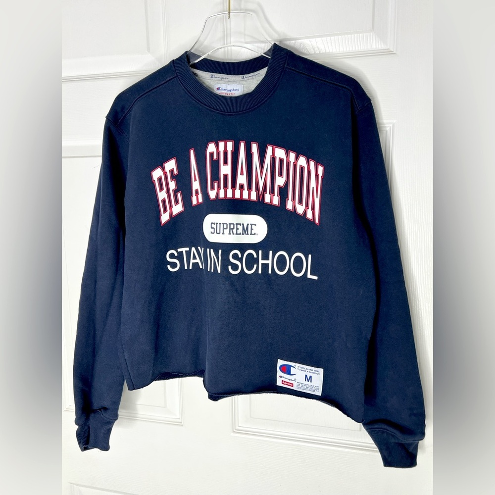 Champion x Supreme Navy Blue Crewneck “Be a Champion”Raw hem Sweater